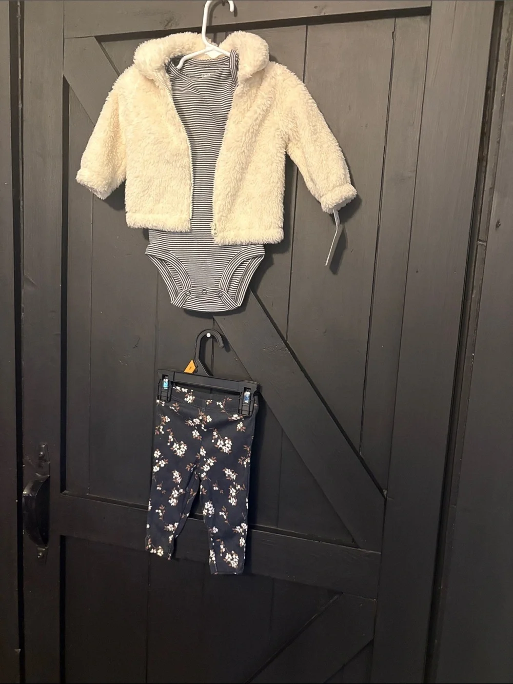 Carter's Cream Sherpa Jacket with Navy Floral Leggings and Striped Bodysuit